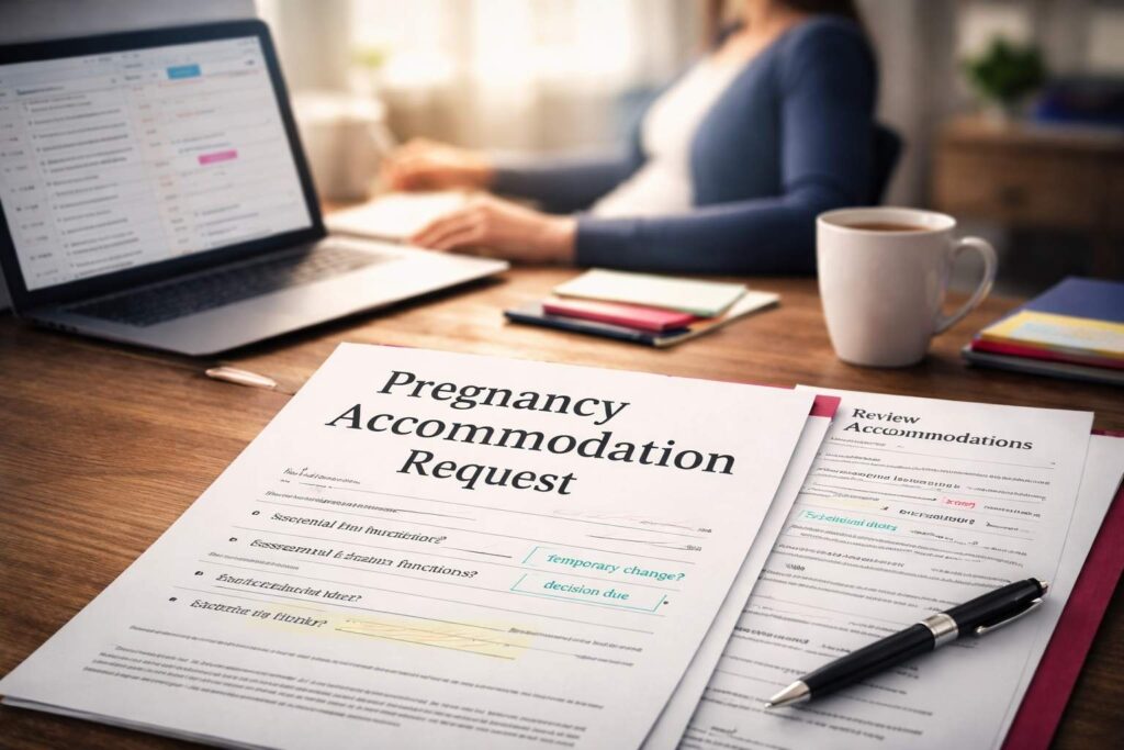 Pregnant employee reviewing accommodation request paperwork at a desk