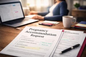 Pregnant employee reviewing accommodation request paperwork at a desk