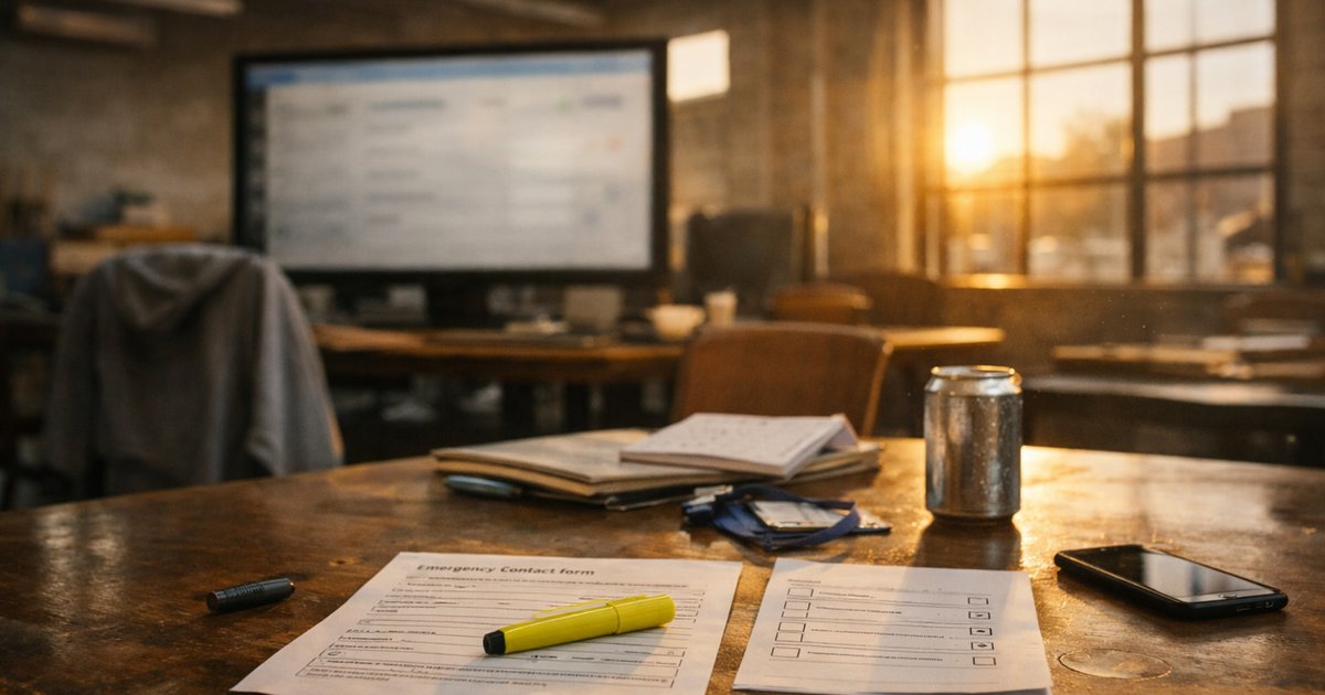 California loft office desk with SB 294 emergency contact form, highlighter, and compliance checklist for the March 30 deadline