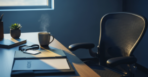 A new-hire onboarding station at dawn — empty chair, blank ID badge on lanyard, welcome folder, soft morning light. Represents the Day 1 handoff where I-9 Section 1 completeness either gets checked or missed.