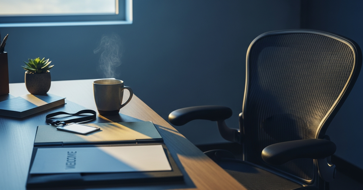 A new-hire onboarding station at dawn — empty chair, blank ID badge on lanyard, welcome folder, soft morning light. Represents the Day 1 handoff where I-9 Section 1 completeness either gets checked or missed.